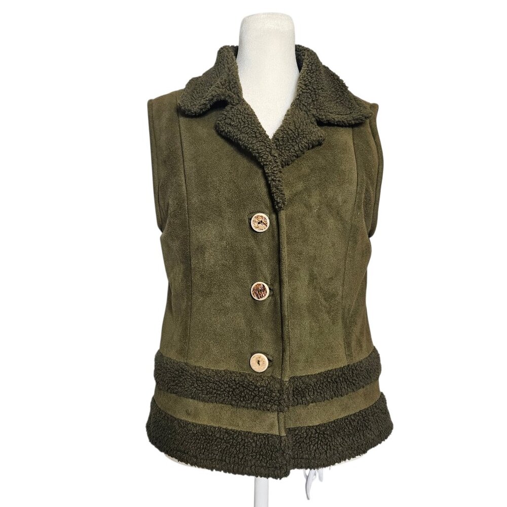 Fjallraven Fjall Vest Women's Small Suede Sherpa Faux Fur Antler Buttons Olive